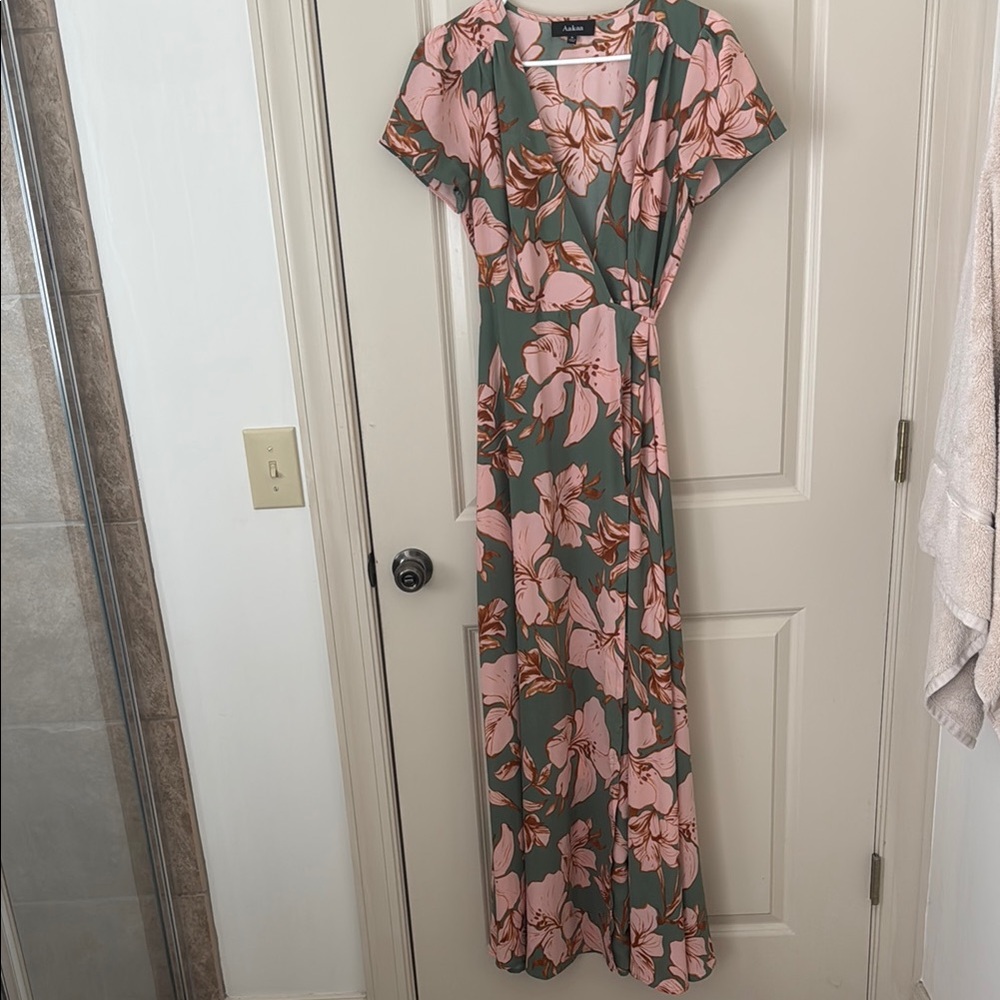 Aakaa Floral Pink and Green Maxi Dress